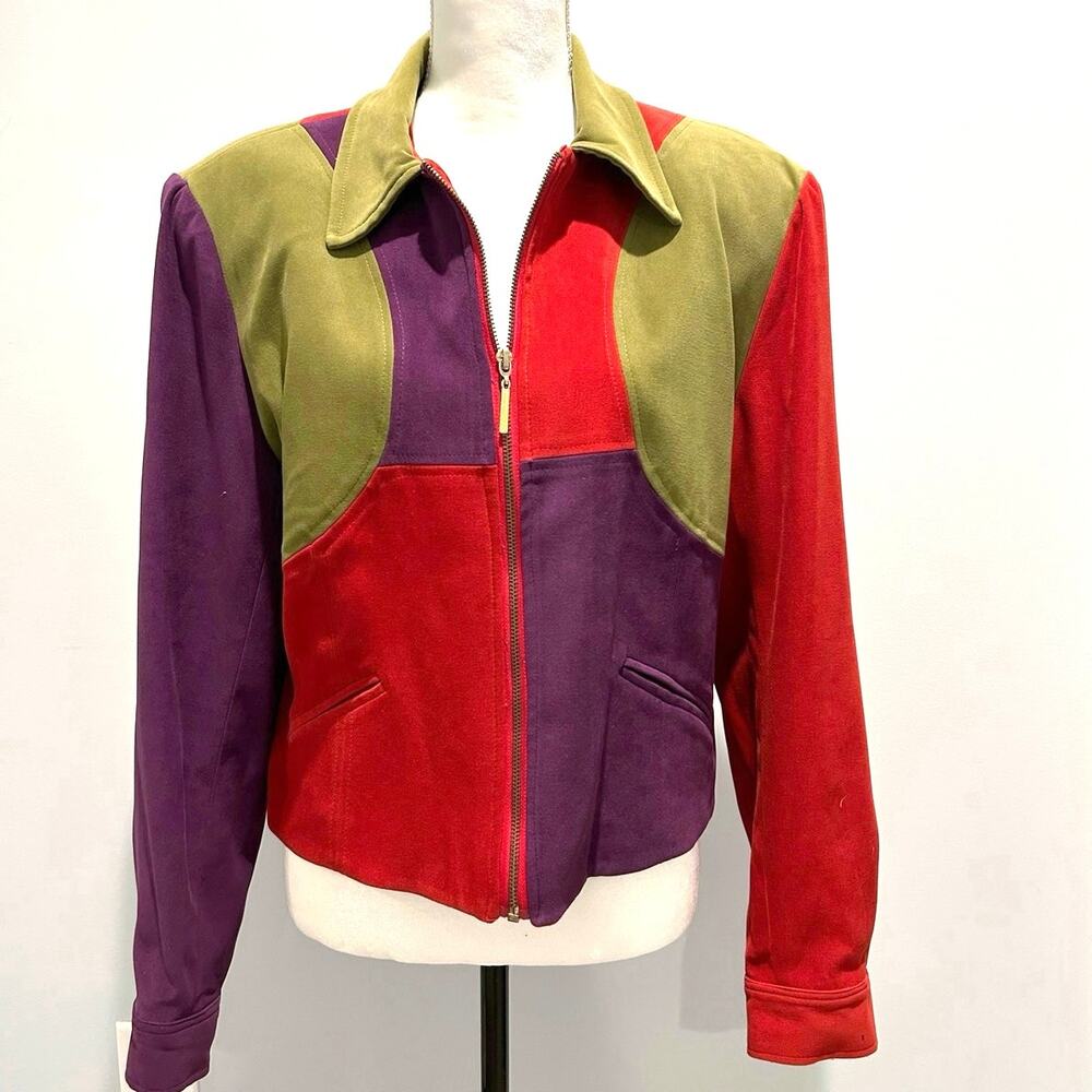 Vintage 80s 90s Colorblock zip up jacket by Howard Wolf. Faux suede. Size 12